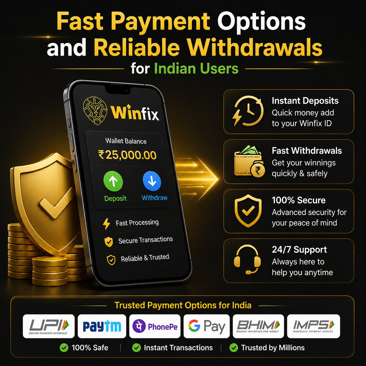 UPI mobile payment for Winfix deposits and withdrawals in India