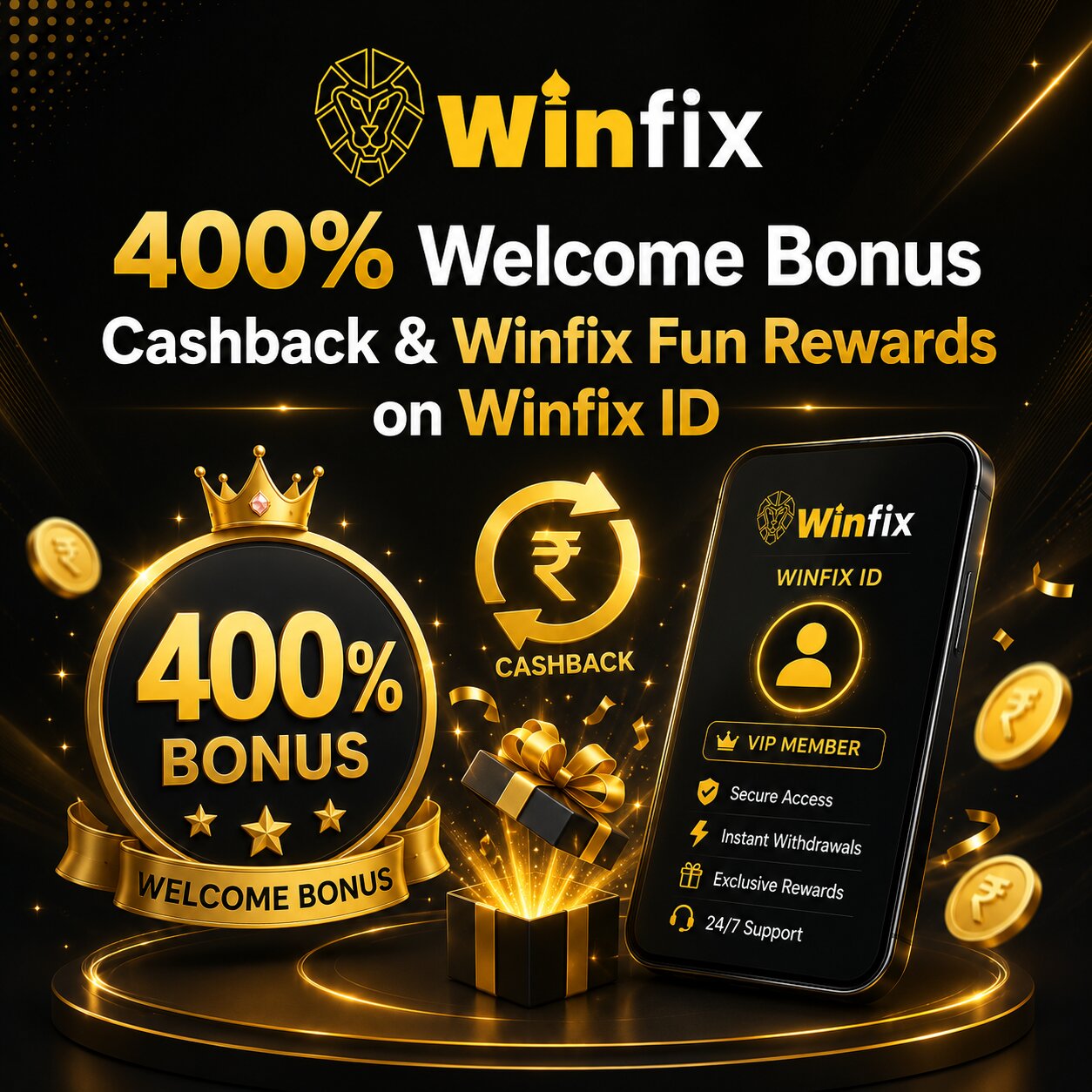 Golden trophy with cash rupees representing Winfix welcome bonus and rewards